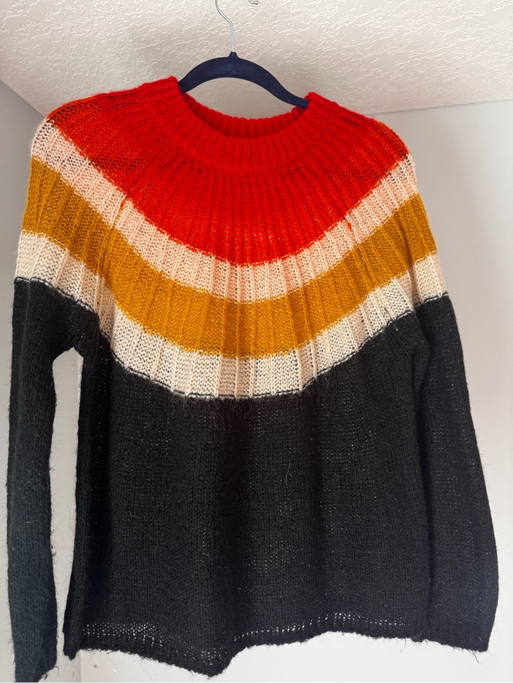 Mango Striped Rib-Knit Turtleneck Sweater - Red, Mustard, Cream & Black